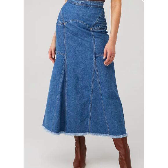SPELL Muse Denim Jean Maxi Skirt Sz XL  medium Wash Fit Flare Raw Hem - Picture 1 of 7
